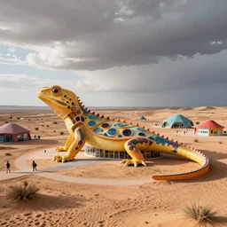 architectural photograph by iwan baan of a cheerful recreational building in the shape of a monitor lizard in the middle of the desert, colorful desert architecture designed by norman foster