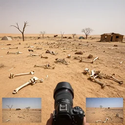 a first person view of a catastrophic drought with hundreds of dried bones and bodies on the dusty ground, record hot heatwave, dead trees and animals, desolated land, desertic horizon, damaged huts, reporter, live footage, canon 3 5 mm lens