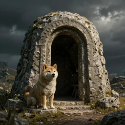 a stone shiba inu statue guarding a draugr tomb in skyrim