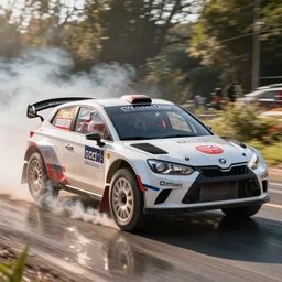 Santa Clause driving a rally car he is going fast there is smoke coming from the tires, octane render, realistic lighting, realistic shadows, highly reflective, photo realistic, hyper realistic