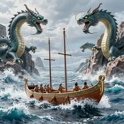 Scylla and Charybdis, The Argo,  Ancient Greek Trireme, Plows through storm tossed ocean waves, enormous Krakens, threaten from a rocky caves, the air is alive with rain lighting and fear by Jessica Rossier and HR Giger cinematic concept painting