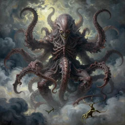 art masterpice, demonic tentacled cthulu descending from the clouds, intricate, beautiful cinematic lighting, stunning painting by artgerm, caravaggio, android jones, wadim kashin