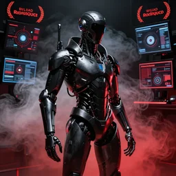 concept art of a cyborg, cyberpunk, surrounded by smoke, award-winning art, black on red, hyperrealistic, by Sam Spratt, by Vlad Rodriguez, computer screens in the background, trending on Artstation, dark, dramatic, cinematic, realistic studio lighting, raytracing, 4k, professional, canon