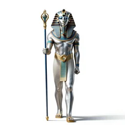silver-haired pharaoh with staff, cinematic studio photo, full body, standing, isolated on a pure white background, centered, whole figure in frame, sharp focus, studio lighting