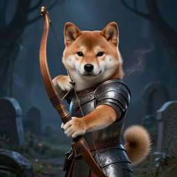 anthropomorphic shiba inu, holding medieval bow and aiming directly to camera, medieval armor, dark aura, fantasy, dark graveyard scene, portrait art by donato giancola and greg rutkowski, realistic face, digital art, trending on artstation, symmetry