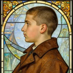 detailed portrait of gaunter o'dimm, profile view, side view, middle eastern man, 4 5 years old, brown coat, buzzcut, slight stubble, stained glass art, by alphone mucha, very masterful, no artifacts