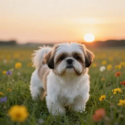 shih tzu in a field full of flowers, photo realistic, with a sunset