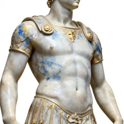 polished shiny marble statue of gladiator in armour by michelangelo buonarroti close - up portrait, partially covered in blue paint stains, partially gold plated, ultra - detailed flash studio photograph on white background