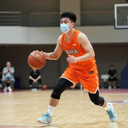 1 9 4 0's photo of a man playing basketball, orange jersey, face mask, athletic