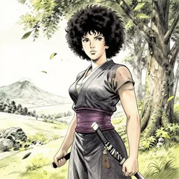 scarlett johansson as afro samurai in beautiful japanese landscape scene, leaves blowing off trees, manga style, greg rutkowski, pencil and ink