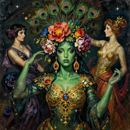dynamic composition, a painting of a green skinned woman with hair of flowers and peacock plummage wearing ornate earrings, a surrealist painting by tom bagshaw and jacek yerga and tamara de lempicka and jesse king, featured on cgsociety, pop surrealism, surrealist, dramatic lighting, wiccan, pre - raphaelite, ornate gilded details