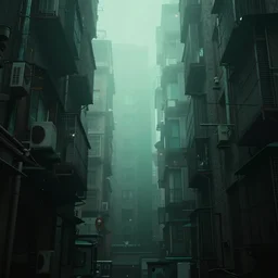 dense city canyon fog emerald light