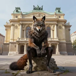 werewolf sitting on the opera house at lviv, portrait, highly detailed, full body, digital painting, trending on artstation, concept art, sharp focus, illustration, art by artgerm and greg rutkowski and magali villeneuve