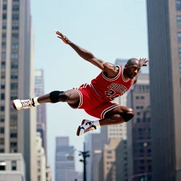 dennis rodman t-posing in the air like jordan. he is flying over the city like a delicate little dove