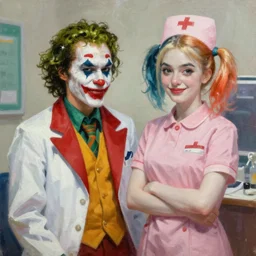 joker and harley quinn as a doctor and a nurse, high quality, artstation, oil painting, beautiful 4k