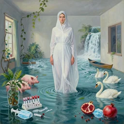 a tall female pathology student wrapped in chiffon in empty apartment, flood, vines, a river flooding inside, medical supplies, medical mask, syringes, pathology sample test tubes, pigs, plants in a glass vase, water, river, rapids, waterfall, canoe, pomegranate, berries dripping, swans, acrylic on canvas, surrealist, by magritte and monet
