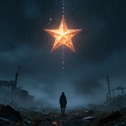 a realistic detail of a lonely world, abandoned, shining star, the born fire, traveller, raining, mist by Julian calle, wlop, Beksiński, Dylan cole, Erak note, Denis Villeneuve, Ben Nicholas, Anton Fadeev, thomas kinkade, rutkowski, Finnian MacManus, Syd Mead, Trending on artstation, blue and black scheme, 8k, Unreal Engine