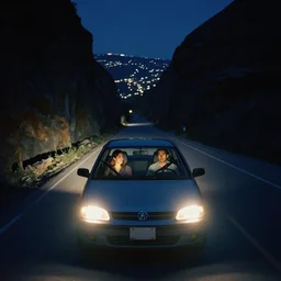 pov a couple is the front seat, headlights of a car illuminate a strange dark canyon road, it's the dead of night, in a distance the bright city lights glow, cinematic, cinestill