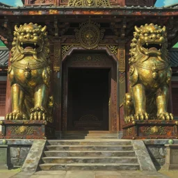 memorable animation key shot of a temple, stone steps, giant symmetrical brass lions, entrance, paper texture, detailed, ornate, rust, art deco, metal rivets, by ghibli, unreal engine 5, shinji kimura, scene, composition
