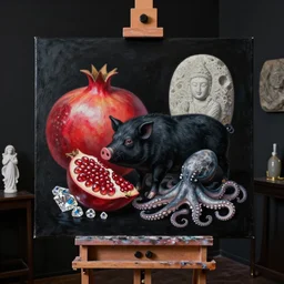 painting of a black painted canvas, on an easel in a dark room with black walls, pomegranate, a black pig - goddess, pork, octopus, large diamonds gems, stone sculpture, surrealist, stone and yakisugi and oil on canvas
