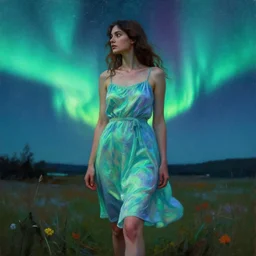 a painting of a woman wearing a summer dress that looks like the northern lights, 4 k, trending