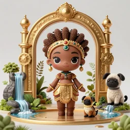 symmetry!, wide angle dynamic portrait of a chibbi african queen and her pet in an african zen garden with a waterfall! and a golden ornate steampunk portal, amigurumi by mark ryden and todd schorr and mark davis and zdislaw beksinski in a surreal lowbrow style, digital paint, matte paint, vivid synthwave colors, breathtaking landscape