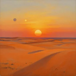 an oil painting depicting a vast landscape of soft orange soil, hills, no trees, a sunset with 3 different suns, newly discovered planet, wide angle lens, by bob ross, trending on artstation, deep colors, super detailed, clean, global illumination, cast shadows dramatic lighting,