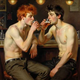 attractive mike, wearing pants, with ginger hair with attractive tyler with brunet hair, drinking their hearts out, in a pub, no shirt. very defined and highly detailed painting by gaston bussiere, j. c. leyendecker, craig mullins 8 k