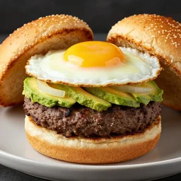 juicy vegan hamburger topped with avocado onion and a vegan fried egg, crispy buns, 8 k resolution, professional food photography, studio lighting, sharp focus, hyper - detailed