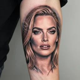 creative double exposure effect tattoo design sketch of margot robbie face blended in beautiful mountain scenery, realism tattoo, in the style of matteo pasqualin, amazing detail, sharp