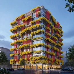 multistory building, full of yellow flowers flowers, glass openings, red mesh in the facede, daniel libeskind, housing architecture, classical architecture, brutalist architecture, blue hour, archviz, cgi, trending on artstation, architecture visualization, corona renderer, unreal engine, ray tracing, after rain, cinematic