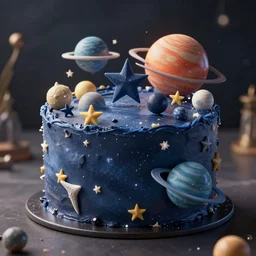 Realistic photography of space cake stars and planets on it, behance, artstation, unreal render, unreal engine 5, octane, intricate, 100mm, photorealistic, hyper realism, high detail, smooth, sharp focus, bokeh, 8k, movie shot, cinematic perspective, studio shot