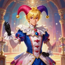 award winning digital portrait of a feminine attractive handsome male jester at a magnificent circus, male art by sakimichan of hisoka alucard, beautiful circus themed background with soft colors and lights, trending artstation, digital art, aesthetic, bloom, intricate, elegant, sharp focus, digital illustration, highly detailed, octane render, digital painting, concept art, fantasy, masterpiece, by lisa buijteweg and sakimichan