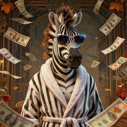 portrait, anthropomorphic zebra, striped bathrobe, curly hair, electric sunglasses, surrounded by floating autumn dollar bills, fantasy, detailed, intricate, luminescent, elegant, coherent, by mandy jurgens, hannah yata and kay sage, donato giancola, detailed, artstation, cinematic lighting, artdeco, art deco outrun aesthetic