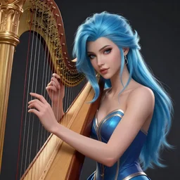elegant sona, from league of legends, with abs, with an harp, light blue hair, hyper detailed, digital art, trending in artstation, cinematic lighting, studio quality, smooth render, unreal engine 5 rendered, octane rendered, art style by klimt and nixeu and ian sprigger and wlop and krenz cushart