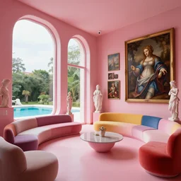 interior design of a pink modern lounge with renaissance paintings and renaissance sculptures plus a window to the pool, creative windows and colorful couches, in the design of zaza hadid, sharp, hyper - detailed, 8 k resolution, good lighting