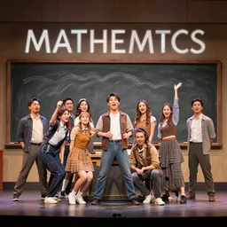 mathematics the musical on broadway, cast, dynamic poses, classroom chalkboard, promotional photo, stage lighting