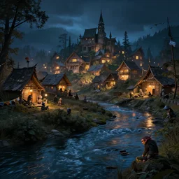 a goblin village near a river at night, photorealistic, 8k, high detail, high quality, dramatic lighting, HDR
