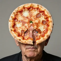 studio portrait of old man with a perfectly round head, shaped like a pizza, with a small face sticking through the center of a pizza margherita, disturbing reality, shocking revelation, unsettling, extremely detailed, soft lighting, sharp close - up, droopy eyes, exhibition, masterpiece by morten krogvold
