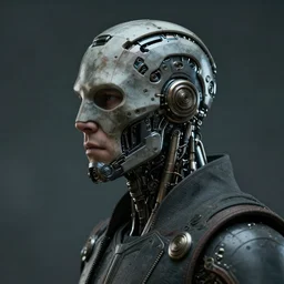 man with cybernetic enhancements, wearing a suit! detailed face with mask, scifi character portrait by greg rutkowski, esuthio, craig mullins, 1 / 4 headshot, cinematic lighting, dystopian scifi gear, gloomy, profile picture, mechanical, half robot, implants, steampunk