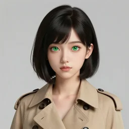 a head and shoulders portrait of a girl with green eyes and short black hair in a tan trenchcoat, from Final Fantasy XIII, retro, smooth, sharp focus, intricate, artstation, detailed concept art by Rutkowski and Mucha and sky sewa and Marc Simonetti