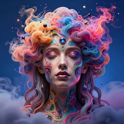 a gorgeous woman engulfed in colorful liquid clouds and neon smoke, extremely psychedelic experience, psilocybin, dmt, lsd face, highly detailed, artstation, concept art, blue background, digital art by hana yata, and artem demura and beeple, alphonse mucha, octane render, unreal engine, 8 k