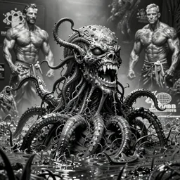 black and white, highly detailed, tentacles and teeth horror rising out of swamp, sharp focus, illustration, unreal engine 5, 8 k, art by artgerm and greg rutkowski and alphonse mucha and ifbb pro fitness photograph
