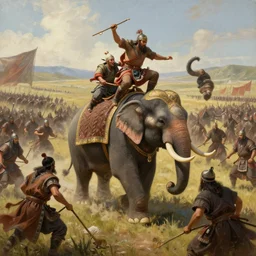 matte painting of a beautiful batttlefield of tai ethnic group versus mongol empire, a tai ethnic warlords ride an asian war elephant with emotional movement in the center of the battlefield, fighting on an elephant's back, digital art trending on artstation, elegant, loin cloth, highly detailed, oil painting, artstation, concept art, matte, sharp focus, illustration, hearthstone, art by earl norem
