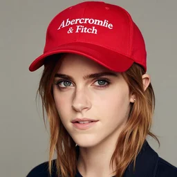 Photo of Emma Watson wearing a red cap, soft studio lighting, photo taken by Martin Schoeller for Abercrombie and Fitch, award-winning photograph, 24mm f/1.4
