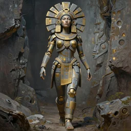 beautiful aztec inca woman colossus full body well proportioned pacing to cliffs by eddie mendoza hyperrealism expressive eyes cyborgess symmetrical very very detailed giger beksinski grey and gold