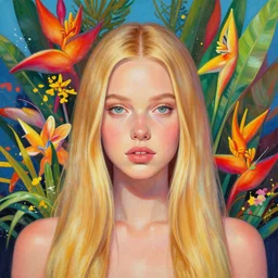 an attractive girl is surrounded by colourful tropical flowers and plants, symmetric face and eyes, upper body face shot, long straight blonde hair, visible face : : portrait, painting, splash official fanart behance hd artstation by jesper ejsing, by rhads, makoto shinkai and lois van baarle, ilya kuvshinov, ross tran, borderlands artworks in 4 k