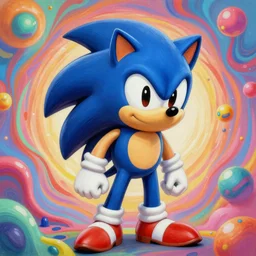 a psychedelic, surrealist painting of classic Sonic the Hedgehog, Sega, 1991