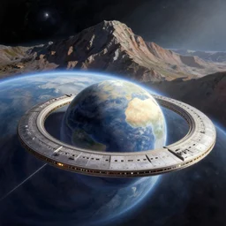 intergalactic stargate portal on a planet with a mountain in the background by thomas kinkaid