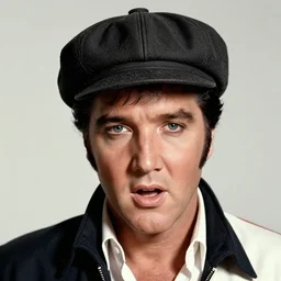 Elvis Presley wearing a newsboy cap with a gaunt face and open mouth staring at the camera, front face, front view, portrait, 4k resolution, 8k resolution, HD Quality, highly detailed, very detailed, detailed, studio quality lighting, digital art, trending on artstation